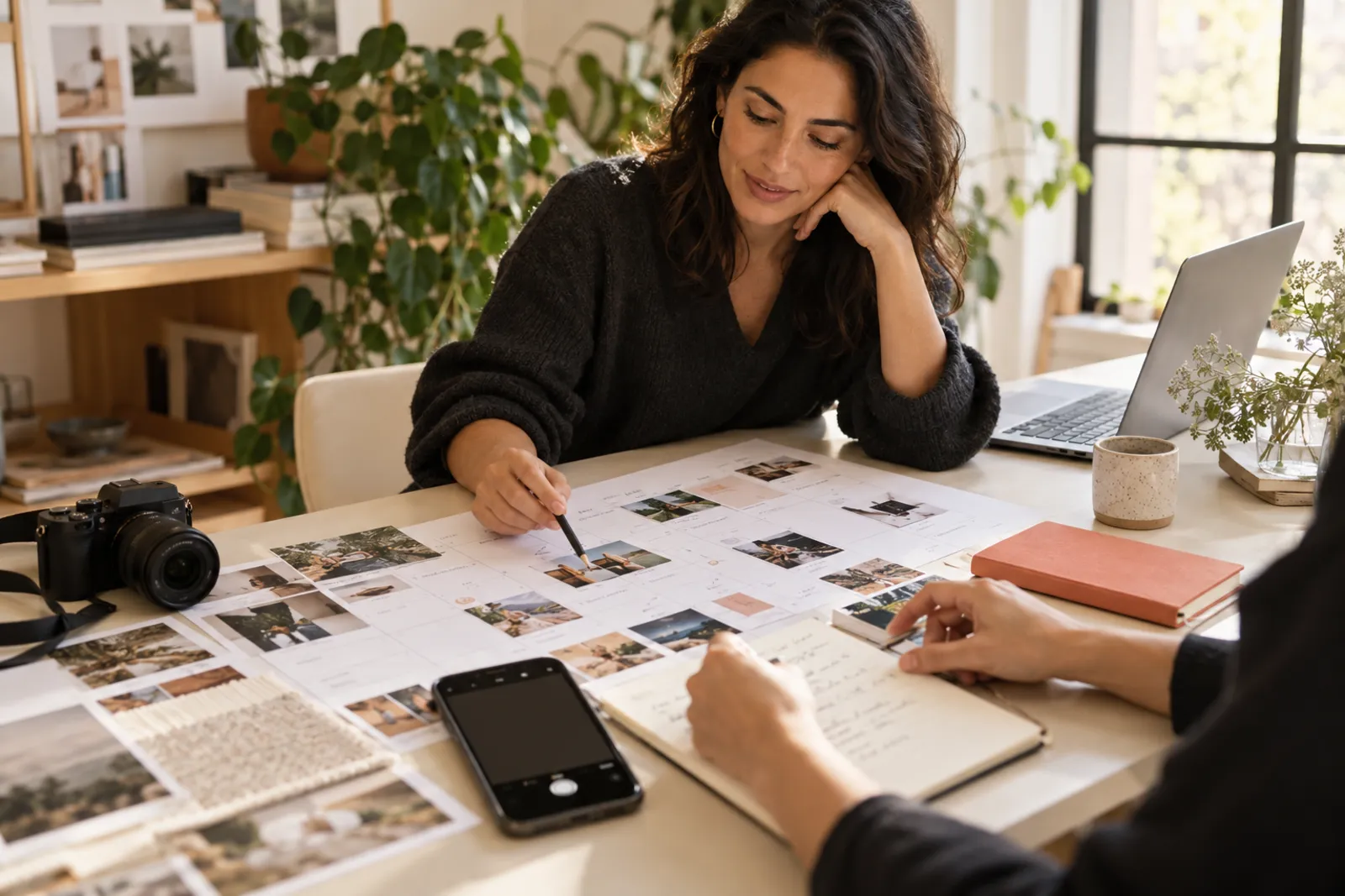 A business owner plans content at a table, pointing at a monthly layout of photos beside a notebook and phone.
